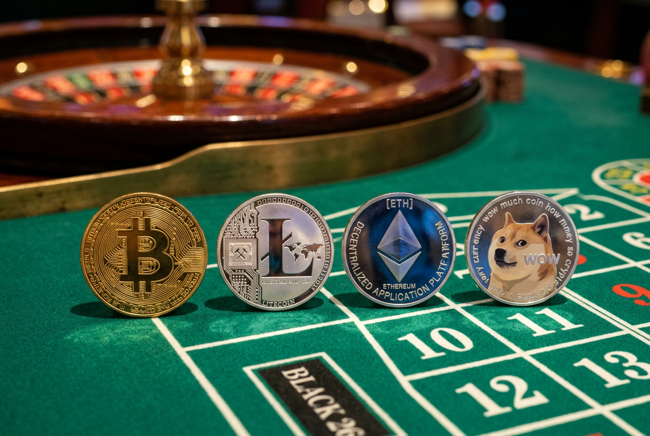 Różne monety kryptowalutowe na stole do ruletki kasynowej