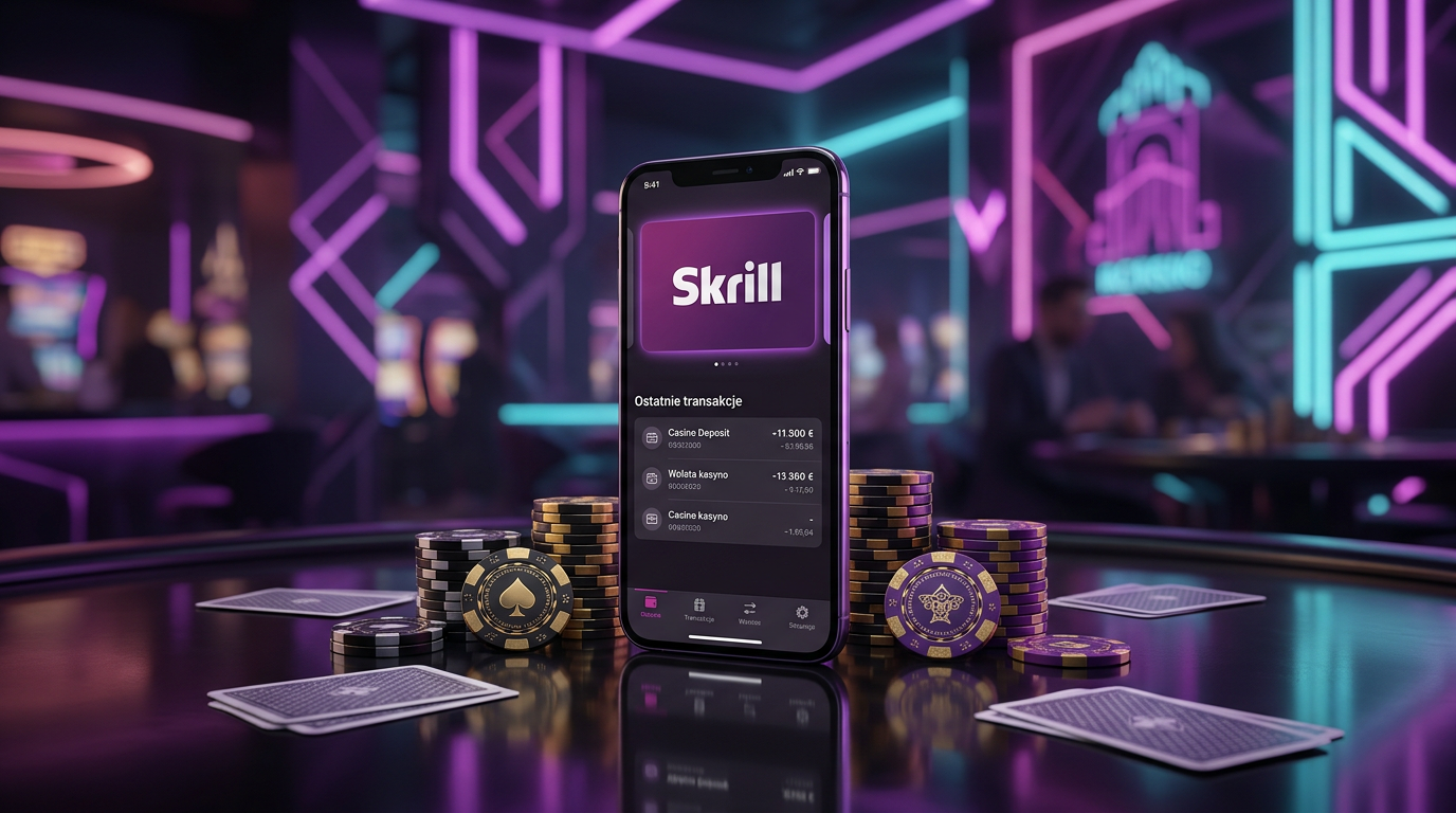 Smartfon z logo Skrill otoczony żetonami kasynowymi w nowoczesnym stylu