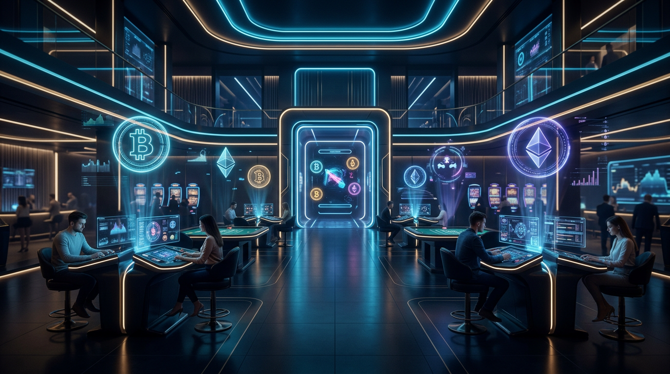 Futurystyczne kasyno kryptowalutowe 2026 z symbolami Bitcoin i Ethereum