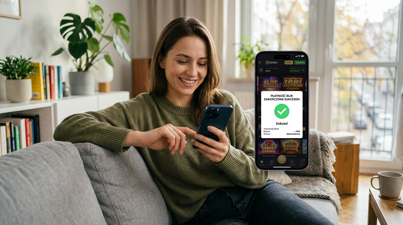 Osoba korzystająca z aplikacji kasyno BLIK na smartfonie w nowoczesnym wnętrzu