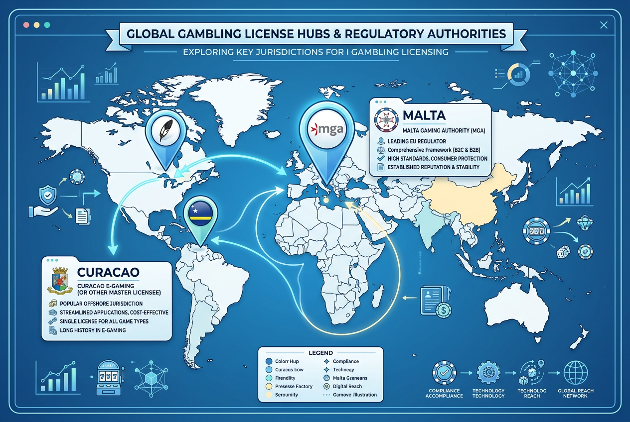 Mapa świata z wyróżnionymi hubami licencyjnymi Curacao, Malta i Kahnawake