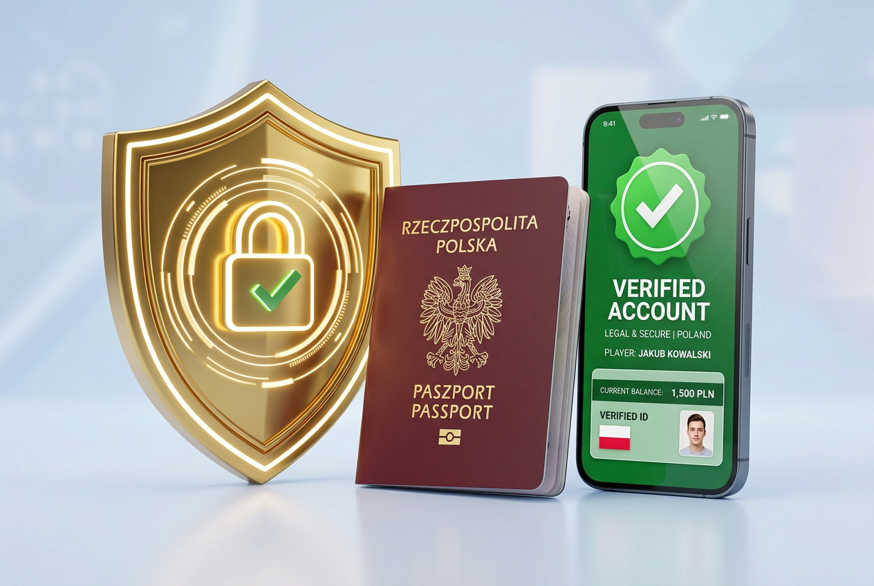 Symboliczne przedstawienie bezpieczeństwa cyfrowego: złota tarcza i kłódka obok polskiego paszportu