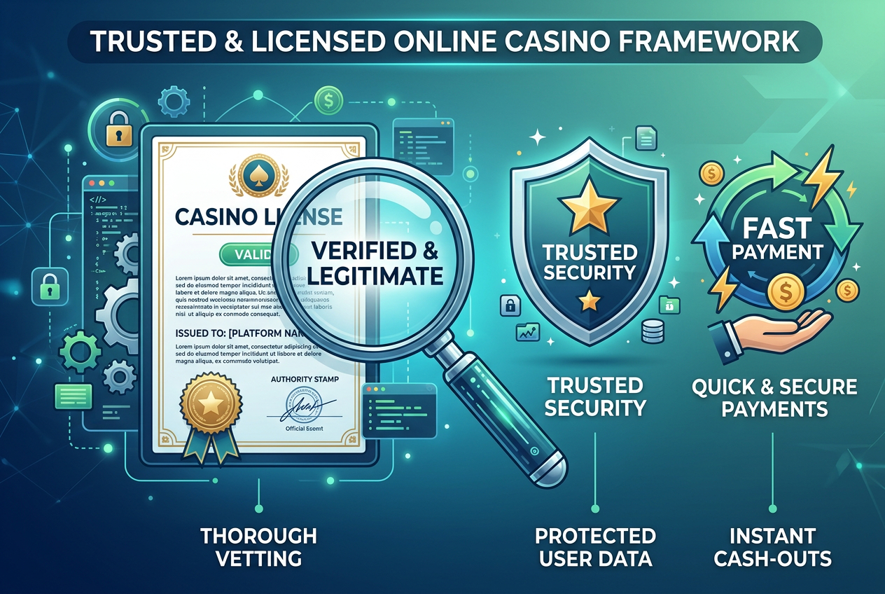 Infografika przedstawiająca proces weryfikacji kasyna z lupą nad licencją i ikoną tarczy