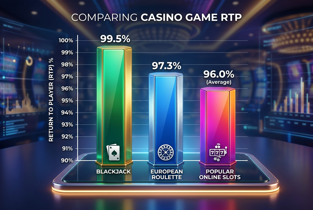 Trójwymiarowy wykres słupkowy porównujący RTP Blackjacka, Ruletki i slotów